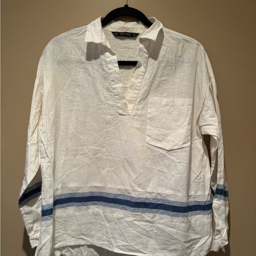 Zara White and Blue V-Neck Blouse
